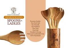 CRAFTY HEAVEN Natural Handmade Cooking Spoon Neem Wood Utensils with Holder Kitchen Tools Gift Set Of 7 - Standard, Brown