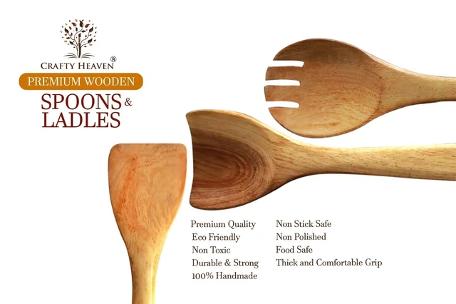 CRAFTY HEAVEN Natural Handmade Cooking Spoon Neem Wood Utensils with Oil Spreader Kitchen Tools Gift Set Of 7 - Standard, Yellow