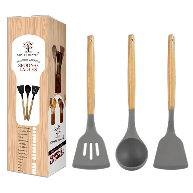 Silicone Spatula Set for Kitchen Ideal for Non-Stick Cooking Pans Ladles Natural Acacia Hard Wood Handle Turner Serving Cooking Spoon for Omelet Egg Dosa chapati Set of 3 (Gray)