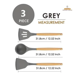 Silicone Spatula Set for Kitchen Ideal for Non-Stick Cooking Pans Ladles Natural Acacia Hard Wood Handle Turner Serving Cooking Spoon for Omelet Egg Dosa chapati Set of 3 (Gray) - Standard, Gray