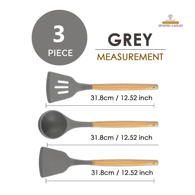 Silicone Spatula Set for Kitchen Ideal for Non-Stick Cooking Pans Ladles Natural Acacia Hard Wood Handle Turner Serving Cooking Spoon for Omelet Egg Dosa chapati Set of 3 (Gray) - Standard, Gray