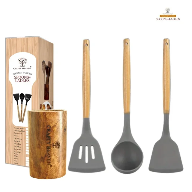 Silicone Spatula Set for Kitchen with Wooden Holder Ideal for Non-Stick Cooking Pans Ladles Natural Acacia Hard Wood Handle Turner Serving Cooking Spoon for Omelet Egg Dosa chapati Set of 4 (Gray)