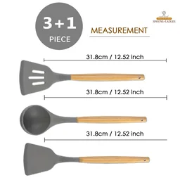 Silicone Spatula Set for Kitchen with Wooden Holder Ideal for Non-Stick Cooking Pans Ladles Natural Acacia Hard Wood Handle Turner Serving Cooking Spoon for Omelet Egg Dosa chapati Set of 4 (Gray) - Standard, Gray