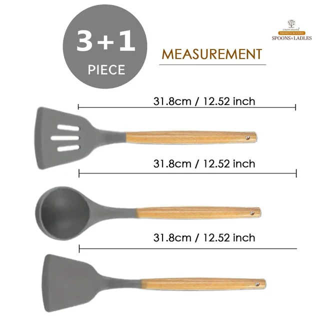 Silicone Spatula Set for Kitchen with Wooden Holder Ideal for Non-Stick Cooking Pans Ladles Natural Acacia Hard Wood Handle Turner Serving Cooking Spoon for Omelet Egg Dosa chapati Set of 4 (Gray) - Standard, Gray