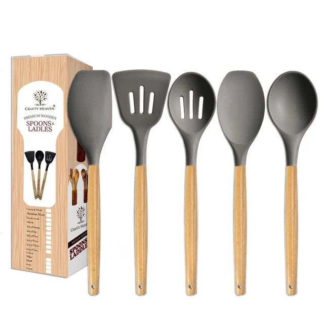 Silicone Spatula Set for Kitchen Ideal for Non-Stick Cooking Pans Ladles Natural Acacia Hard Wood Handle Turner Serving Cooking Spoon for Omelet Egg Dosa chapati Set of 5 (Gray)