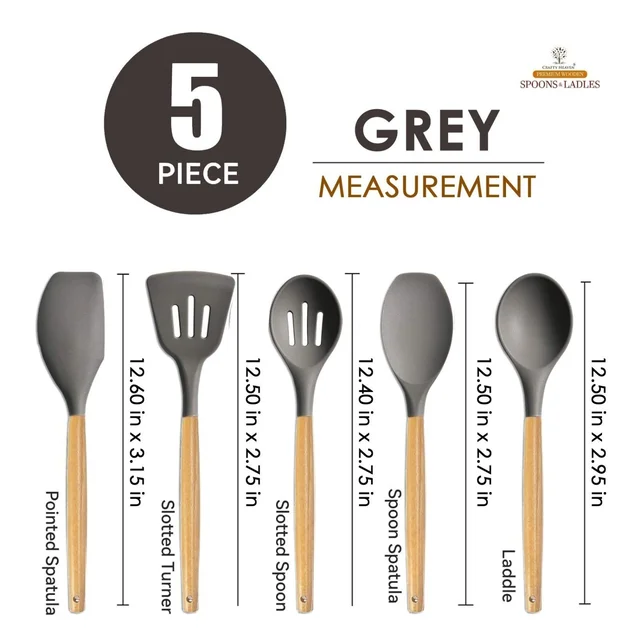 Silicone Spatula Set for Kitchen Ideal for Non-Stick Cooking Pans Ladles Natural Acacia Hard Wood Handle Turner Serving Cooking Spoon for Omelet Egg Dosa chapati Set of 5 (Gray) - Standard, Gray