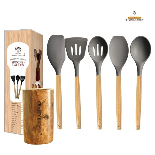 Silicone Spatula Set for Kitchen Ideal for Non-Stick Cooking Pans Ladles Natural Acacia Hard Wood Handle Turner Serving Cooking Spoon for Omelet Egg Dosa chapati Set of 6 (Gray)