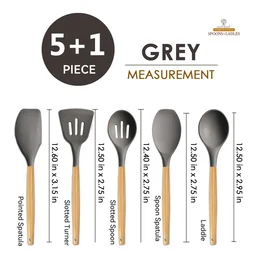 Silicone Spatula Set for Kitchen Ideal for Non-Stick Cooking Pans Ladles Natural Acacia Hard Wood Handle Turner Serving Cooking Spoon for Omelet Egg Dosa chapati Set of 6 (Gray) - Standard, Gray