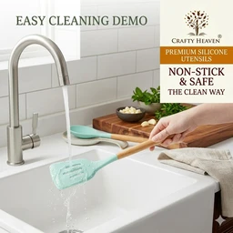 Silicone Spatula Set for Kitchen Ideal for Non-Stick Cooking Pans Ladles Natural Acacia Hard Wood Handle Turner Serving Cooking Spoon for Omelet Dosa chapati with Wooden Holder Set of 4 (Mint Green) - Standard, Mint Green