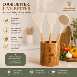 Silicone Spatula Set for Kitchen Ideal for Non-Stick Cooking Pans Ladles Natural Acacia Hard Wood Handle Turner Serving Cooking Spoon for Omelet Dosa chapati with Wooden Holder Set of 4 (Ivory) - Standard, Ivory