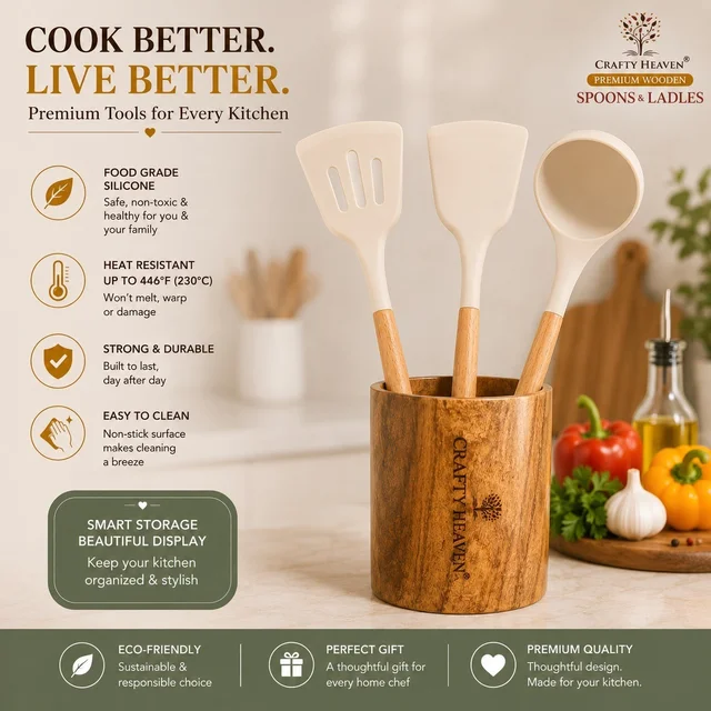 Silicone Spatula Set for Kitchen Ideal for Non-Stick Cooking Pans Ladles Natural Acacia Hard Wood Handle Turner Serving Cooking Spoon for Omelet Dosa chapati with Wooden Holder Set of 4 (Ivory) - Standard, Ivory