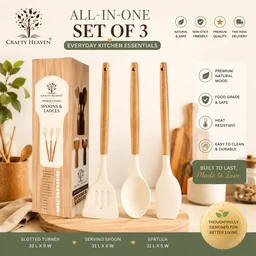 Silicone Spatula Set for Kitchen Ideal for Non-Stick Cooking Pans Ladles Natural Acacia Hard Wood Handle Turner Serving Cooking Spoon for Omelet Egg Dosa chapati Set of 3 (Ivory) - Standard, Ivory