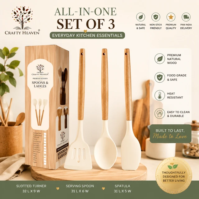 Silicone Spatula Set for Kitchen Ideal for Non-Stick Cooking Pans Ladles Natural Acacia Hard Wood Handle Turner Serving Cooking Spoon for Omelet Egg Dosa chapati Set of 3 (Ivory) - Standard, Ivory