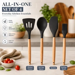 Silicone Spatula Set for Kitchen with Oil Brush Ideal for Non-Stick Cooking Pans Ladles Natural Acacia Hard Wood Handle Turner Serving Cooking Spoon for Omelet Dosa chapati Set of 4 (Black) - Standard, Black