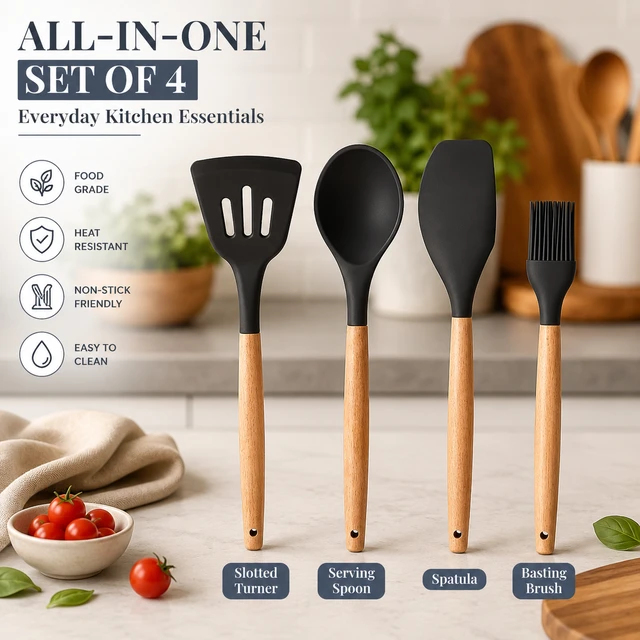 Silicone Spatula Set for Kitchen with Oil Brush Ideal for Non-Stick Cooking Pans Ladles Natural Acacia Hard Wood Handle Turner Serving Cooking Spoon for Omelet Dosa chapati Set of 4 (Black) - Standard, Black