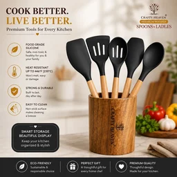Silicone Spatula Set for Kitchen Ideal for Non-Stick Cooking Pans Ladles Natural Acacia Hard Wood Handle Turner Serving Cooking Spoon for Omelet Dosa chapati with Holder Set of 6 (Black) - Standard, Black