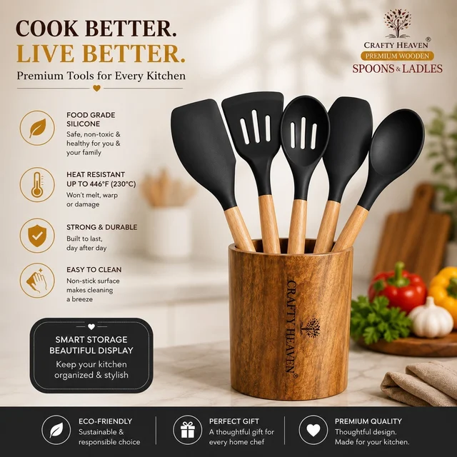 Silicone Spatula Set for Kitchen Ideal for Non-Stick Cooking Pans Ladles Natural Acacia Hard Wood Handle Turner Serving Cooking Spoon for Omelet Dosa chapati with Holder Set of 6 (Black) - Standard, Black
