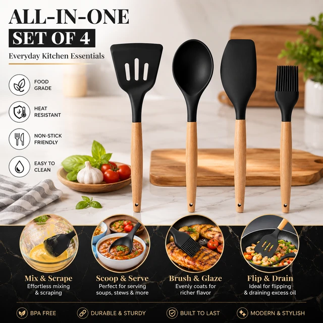 Silicone Spatula Set for Kitchen with Oil Brush Ideal for Non-Stick Cooking Pans Ladles Natural Acacia Hard Wood Handle Turner Serving Cooking Spoon for Omelet Dosa chapati Set of 4 (Black) - Standard, Black