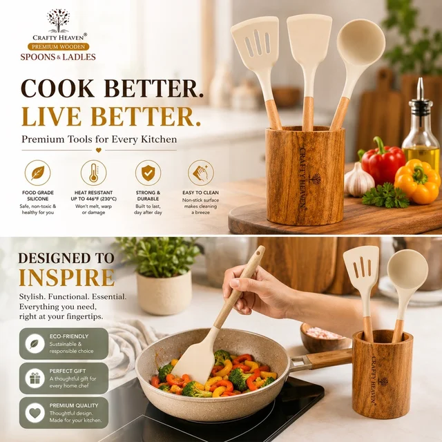 Silicone Spatula Set for Kitchen Ideal for Non-Stick Cooking Pans Ladles Natural Acacia Hard Wood Handle Turner Serving Cooking Spoon for Omelet Egg Dosa chapati Set of 3 (Cream) - Standard, Cream