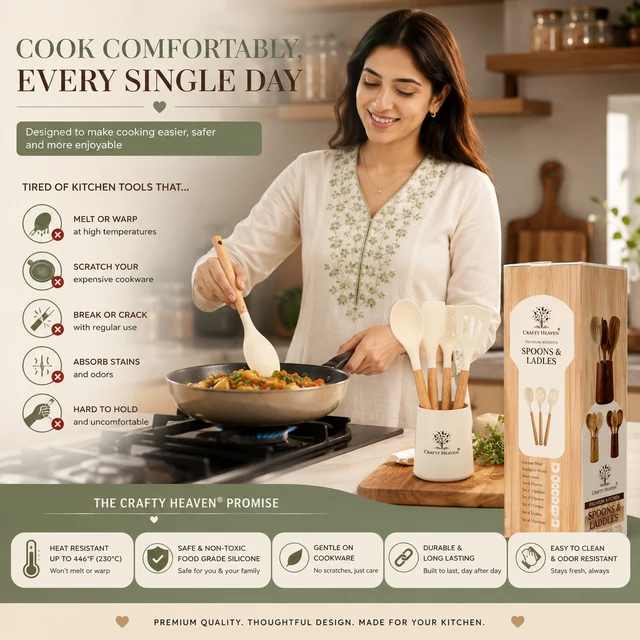 Silicone Spatula Set for Kitchen Ideal for Non-Stick Cooking Pans Ladles Natural Acacia Hard Wood Handle Turner Serving Cooking Spoon for Omelet Egg Dosa chapati Set of 3 (Ivory) - Standard, Ivory
