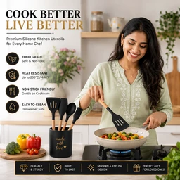 Silicone Spatula Set for Kitchen with Oil Brush Ideal for Non-Stick Cooking Pans Ladles Natural Acacia Hard Wood Handle Turner Serving Cooking Spoon for Omelet Dosa chapati Set of 4 (Black) - Standard, Black
