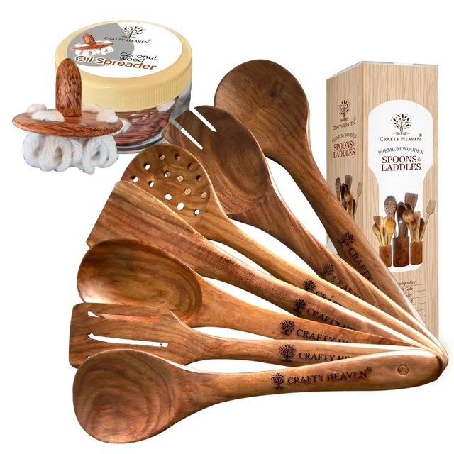 CRAFTY HEAVEN Natural Handmade Cooking Spoon Sheesham Wood Utensils with Oil Spreader Kitchen Tools Gift Set Of 8