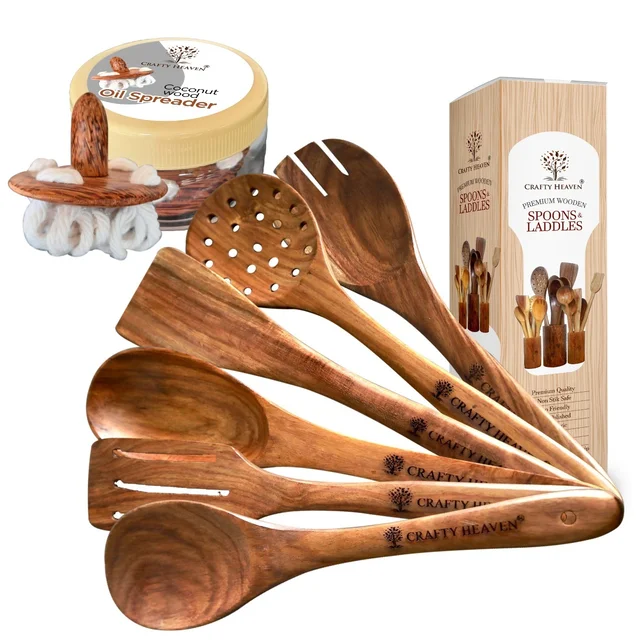 CRAFTY HEAVEN Natural Handmade Cooking Spoon Sheesham Wood Utensils with Oil Spreader Kitchen Tools Gift Set Of 7