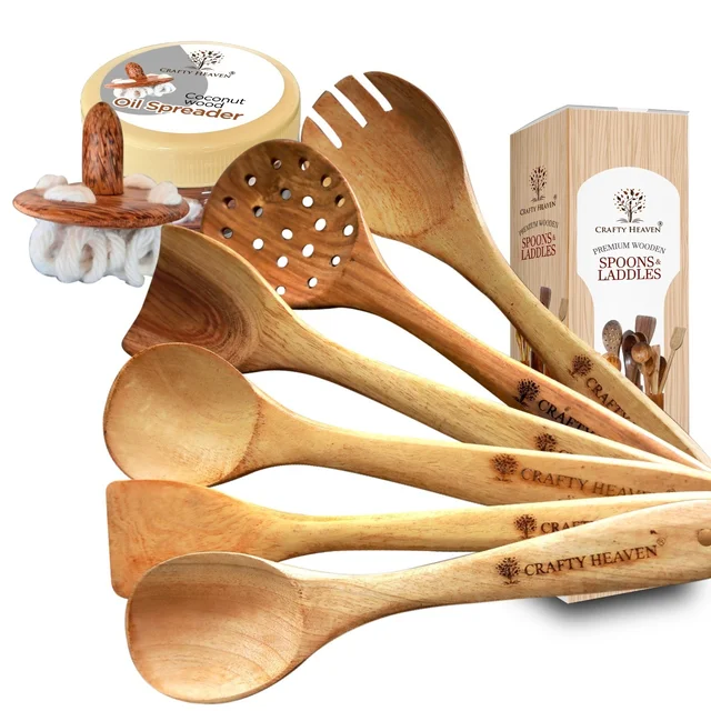 CRAFTY HEAVEN Natural Handmade Cooking Spoon Neem Wood Utensils with Oil Spreader Kitchen Tools Gift Set Of 7