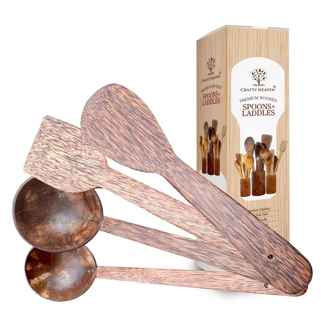 CRAFTY HEAVEN  Coconut Wooden Spoons, Ladles & Spatula Thavi  Kitchen Tools  Dosa Appam Set Of 4