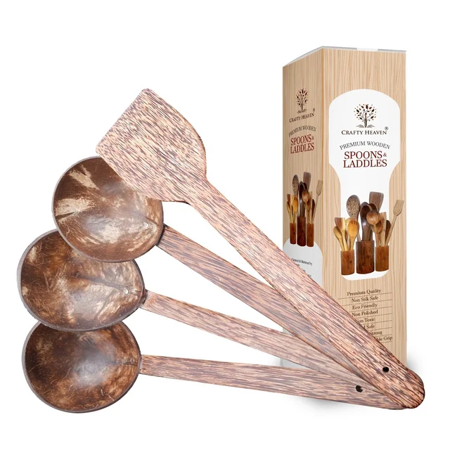 CRAFTY HEAVEN  Coconut Wooden Spoons, Ladles & Spatula  Kitchen Tools Thavi Dosa Appam Set Of 4