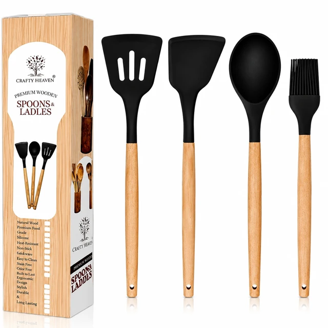 Silicone Spatula Set for Kitchen with Oil Brush Ideal for Non-Stick Cooking Pans Ladles Natural Acacia Hard Wood Handle Turner Serving Cooking Spoon for Omelet Dosa chapati Set of 4 (Black)