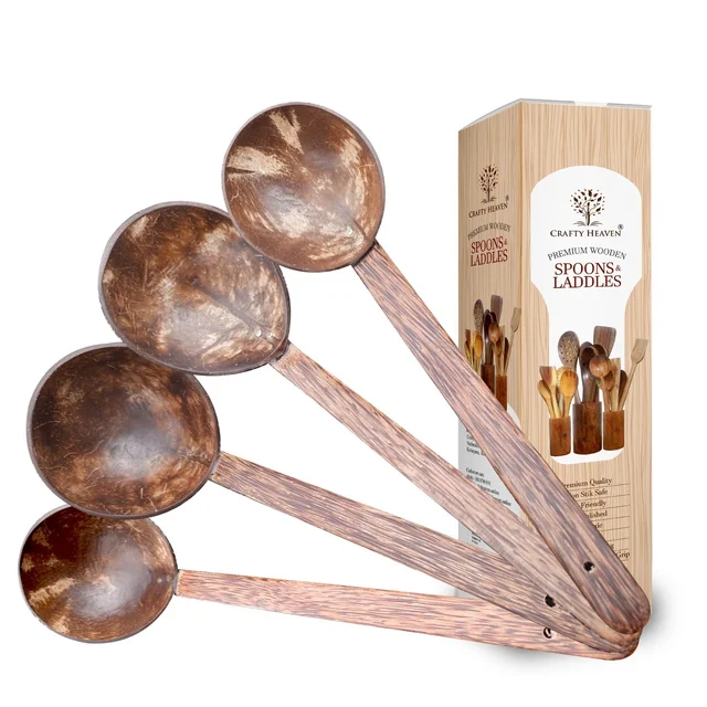 CRAFTY HEAVEN  Coconut Wooden Spoons, Ladles Kitchen Tools Dosa Appam Set Of 4