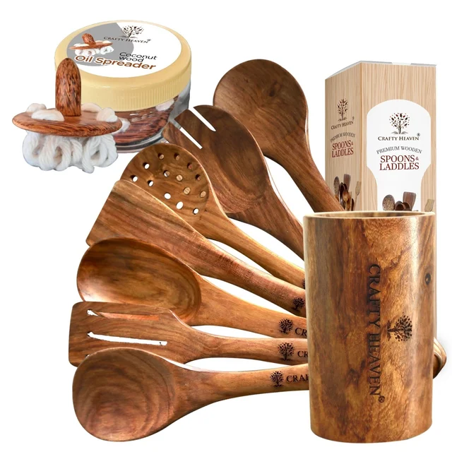 CRAFTY HEAVEN Natural Handmade Cooking Spoon Sheesham Wood Utensils with Holder and Oil Spreader Kitchen Tools Gift Set Of 9