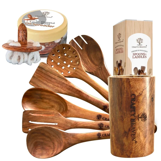 CRAFTY HEAVEN Natural Handmade Cooking Spoon Sheesham Wood Utensils with Holder and Oil Spreader Kitchen Tools Gift Set Of 8