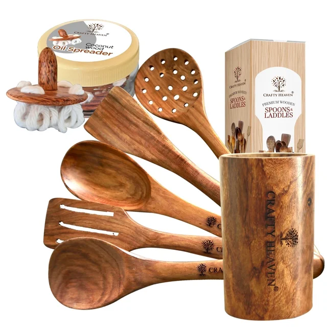 CRAFTY HEAVEN Natural Handmade Cooking Spoon Sheesham Wood Utensils with Holder and Oil Spreader Kitchen Tools Gift Set Of 7
