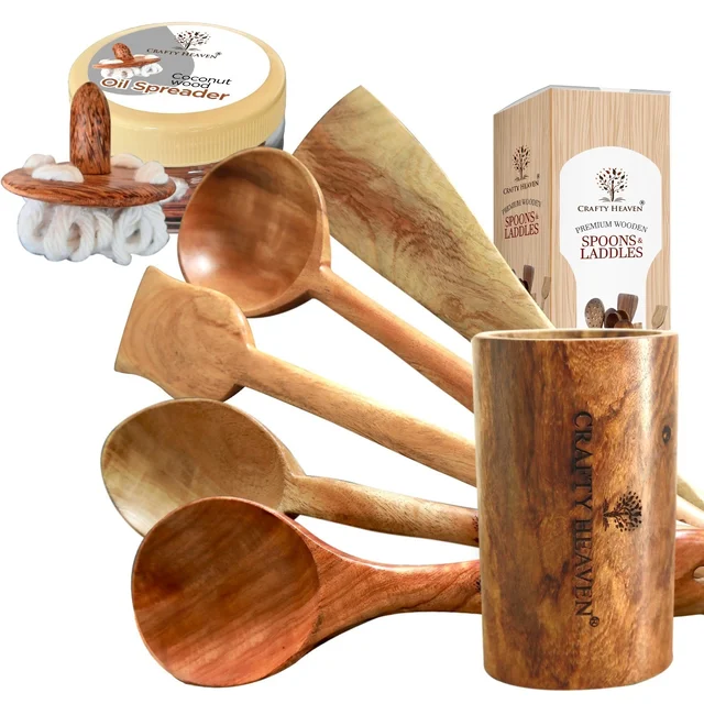 CRAFTY HEAVEN Neem Wooden Spoons Classic with holder and Oil Spreader Kitchen Tools Gift Set Of 7