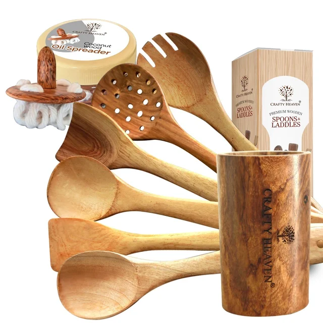 CRAFTY HEAVEN Wooden Spoons for Kitchen Classic Design Cooking Spoon Neem Wood Utensils with Holder and Oil Spreader Kitchen Tools Gift Set Of 8