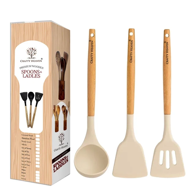 Silicone Spatula Set for Kitchen Ideal for Non-Stick Cooking Pans Ladles Natural Acacia Hard Wood Handle Turner Serving Cooking Spoon for Omelet Egg Dosa chapati Set of 3 (White)