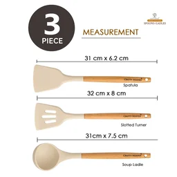 Silicone Spatula Set for Kitchen Ideal for Non-Stick Cooking Pans Ladles Natural Acacia Hard Wood Handle Turner Serving Cooking Spoon for Omelet Egg Dosa chapati Set of 3 (White) - Standard, White