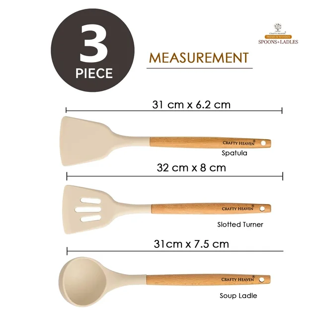 Silicone Spatula Set for Kitchen Ideal for Non-Stick Cooking Pans Ladles Natural Acacia Hard Wood Handle Turner Serving Cooking Spoon for Omelet Egg Dosa chapati Set of 3 (White) - Standard, White