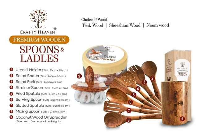 CRAFTY HEAVEN Natural Handmade Cooking Spoon Sheesham Wood Utensils with Holder and Oil Spreader Kitchen Tools Gift Set Of 9 - Standard, Brown