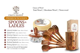 CRAFTY HEAVEN Natural Handmade Cooking Spoon Sheesham Wood Utensils with Holder and Oil Spreader Kitchen Tools Gift Set Of 8 - Standard, Brown