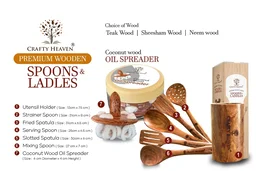 CRAFTY HEAVEN Natural Handmade Cooking Spoon Sheesham Wood Utensils with Holder and Oil Spreader Kitchen Tools Gift Set Of 7 - Standard, Brown