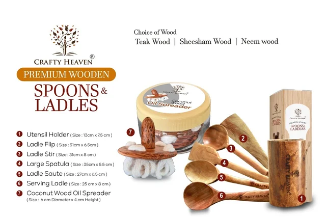 CRAFTY HEAVEN Neem Wooden Spoons Classic with holder and Oil Spreader Kitchen Tools Gift Set Of 7 - Long, Yellow