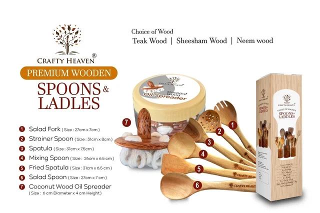 CRAFTY HEAVEN Natural Handmade Cooking Spoon Neem Wood Utensils with Oil Spreader Kitchen Tools Gift Set Of 7 - Standard, Yellow