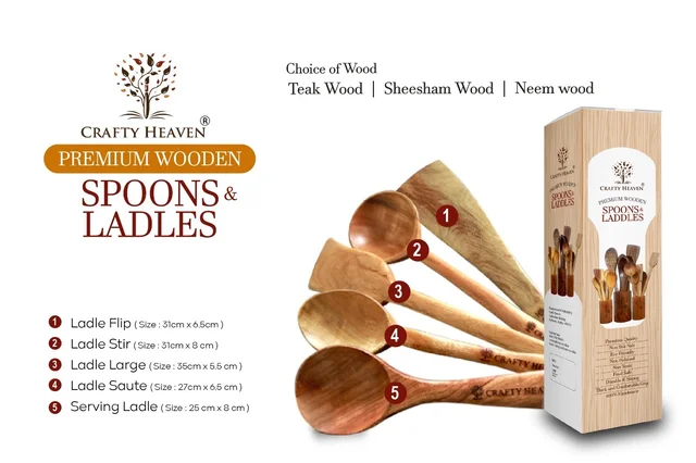 CRAFTY HEAVEN Natural Handmade premium Cooking Spoon Neem Wood Utensils Kitchen Tools Gift Set Of 5 - Standard, Yellow
