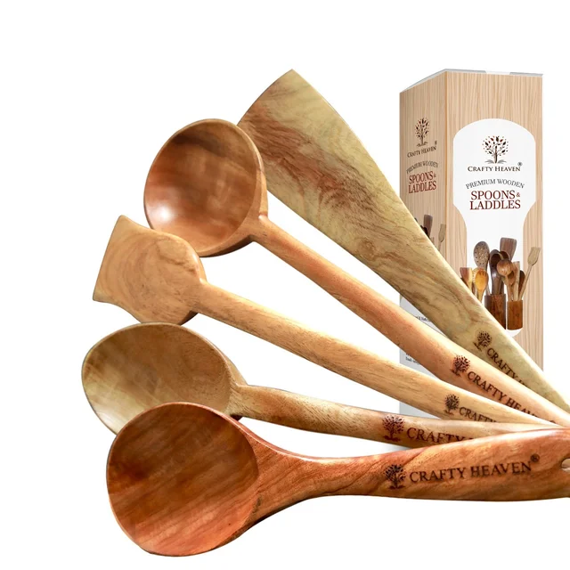 CRAFTY HEAVEN Natural Handmade premium Cooking Spoon Neem Wood Utensils Kitchen Tools Gift Set Of 5
