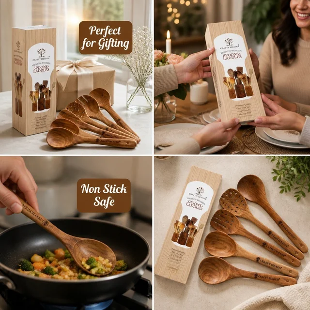 CRAFTY HEAVEN Natural Handmade Cooking Spoon Sheesham Wood Utensils with Holder and Oil Spreader Kitchen Tools Gift Set Of 8 - Standard, Brown