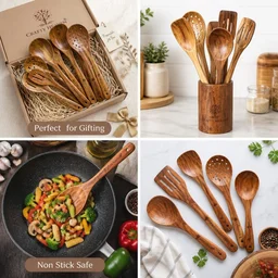 CRAFTY HEAVEN Natural Handmade Cooking Spoon Sheesham Wood Utensils with Holder and Oil Spreader Kitchen Tools Gift Set Of 8 - Standard, Brown