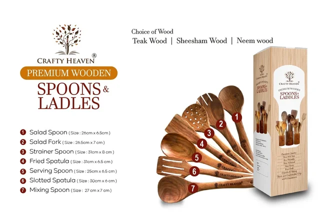 CRAFTY HEAVEN Natural Handmade Cooking Spoon Sheesham Wood Utensils Kitchen Tools Gift Set Of 7 - Standard, Brown
